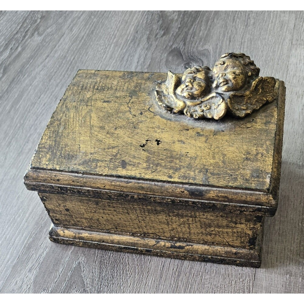 Vintage Wood Trinket Box Angels Cherubs Antique Gold Color Wooden - Picture 4 of 12